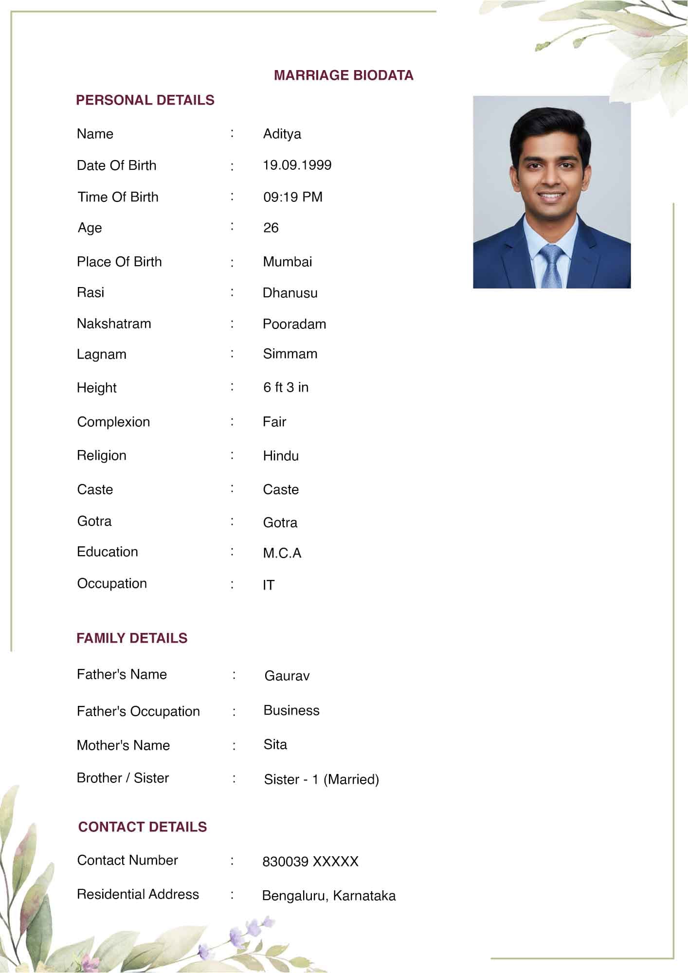 Royal Purple Marriage Biodata Template